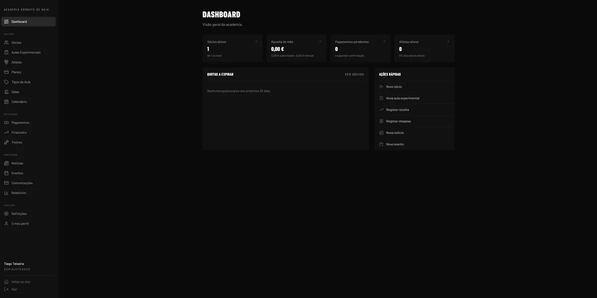 The admin panel dashboard, showing summary figures, expiring memberships and quick actions, with the navigation grouped by area.