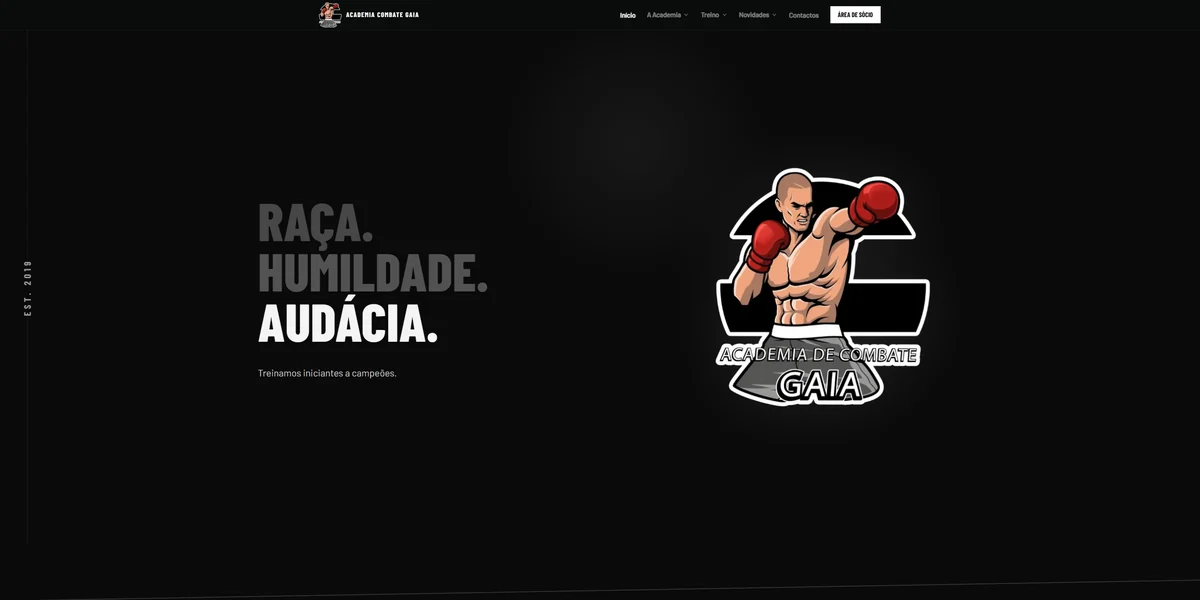 The academy home page: the three values set large in condensed uppercase against a near-black ground, with the crest to the right.