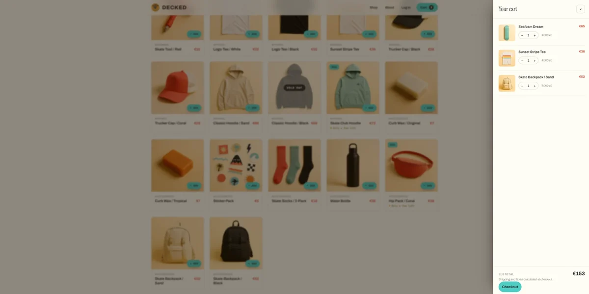 The DECKED cart drawer slid out from the right, showing items with quantity controls and a subtotal