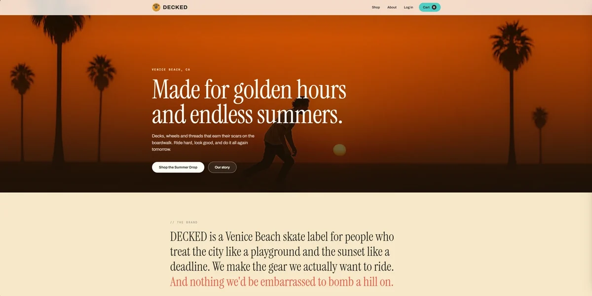 The DECKED homepage: a skater riding into a Venice Beach sunset under the site's headline