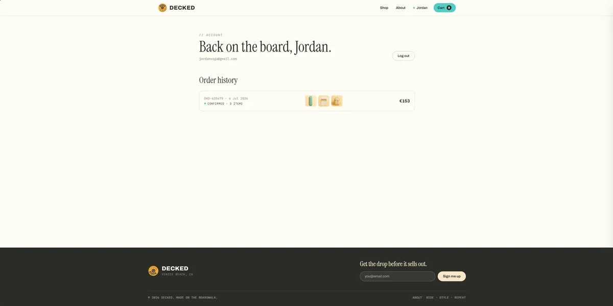 The DECKED account page showing a past order with its DKD reference number, date and total