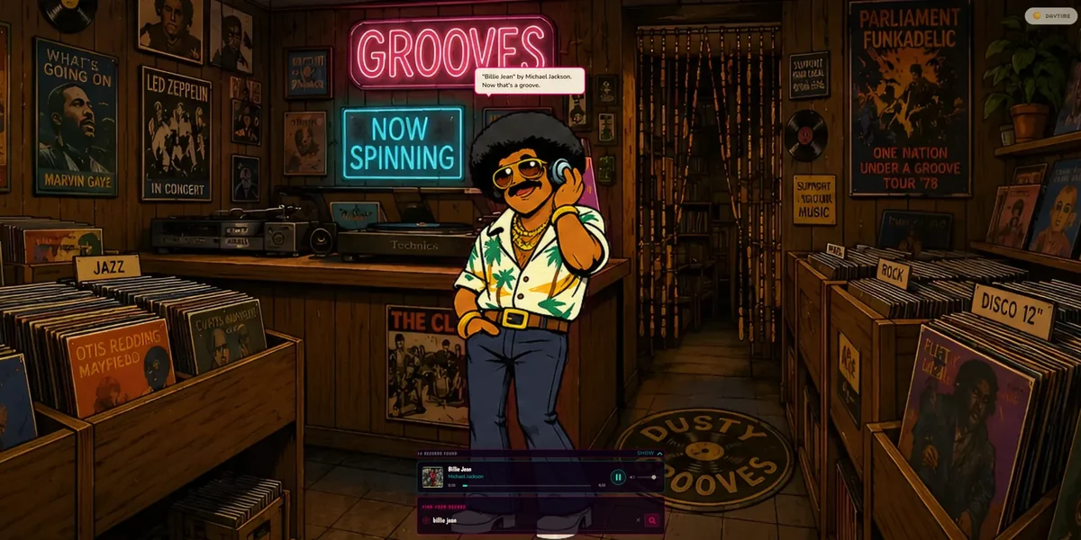 Big Tony listening on headphones while a track plays, the now playing bar open below him