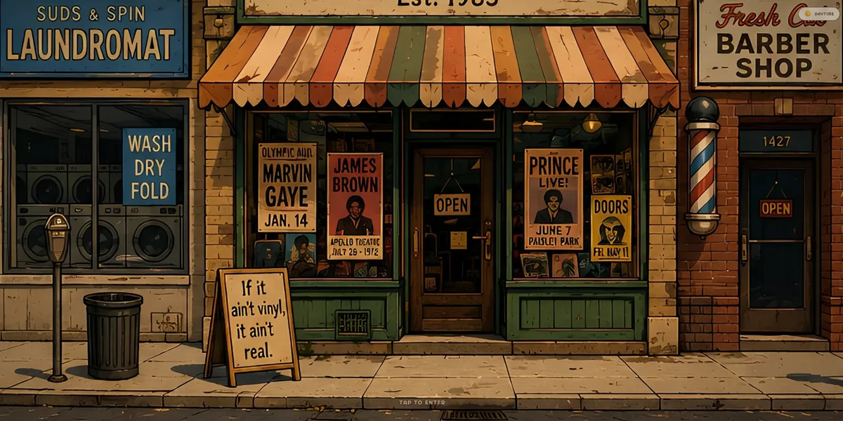 The Dusty Grooves storefront in daylight, with a tap-to-enter prompt at the bottom