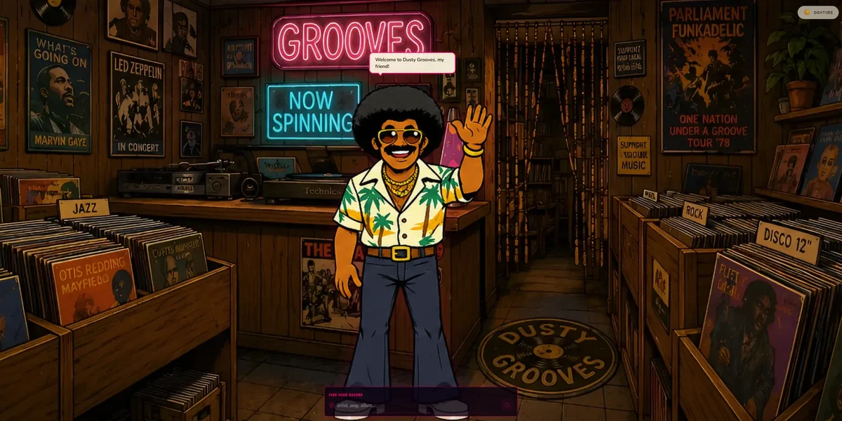 Big Tony waving hello inside the shop, beneath the pink GROOVES neon