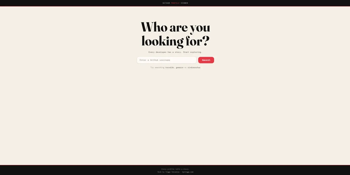 The GitHub Profile Viewer landing screen, a large 'Who are you looking for?' heading above a username search box