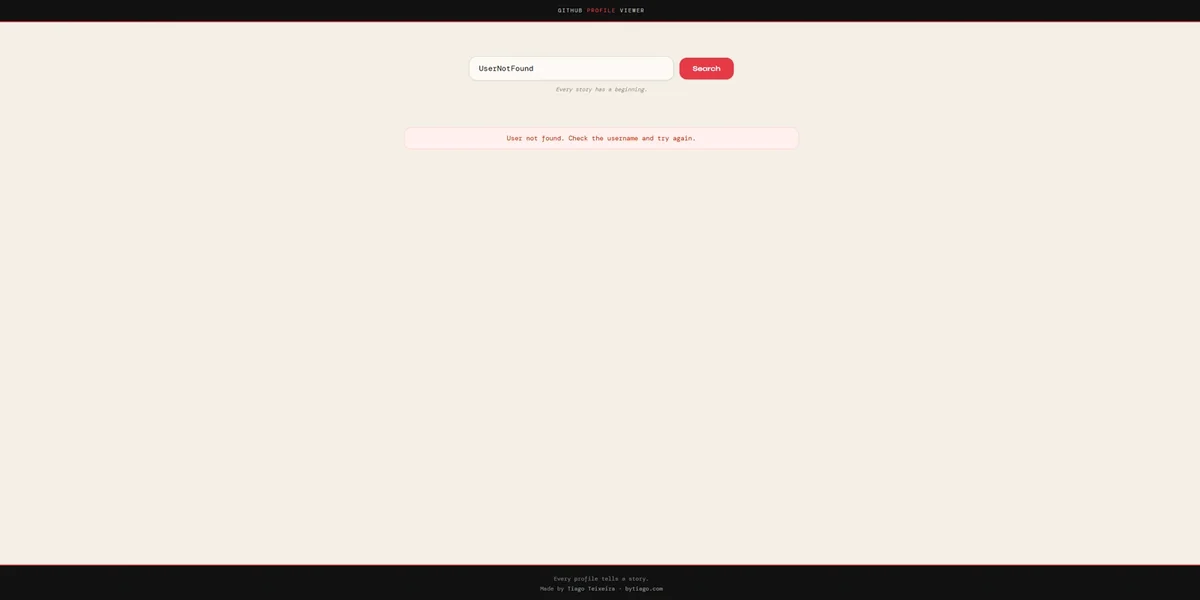 The GitHub Profile Viewer showing a plain 'User not found' message after a search for a username that does not exist